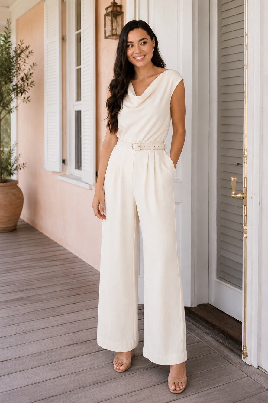 Gal Meets Glam Collection Delia Summer Crepe Jumpsuit Cream White Belted Size 6
